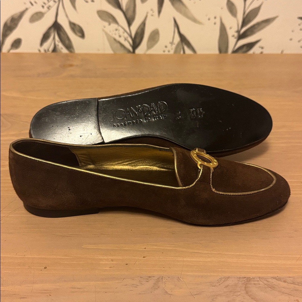 Joan & David Italian Brown Suede Loafers with Gold Detailing - Picture 8 of 10